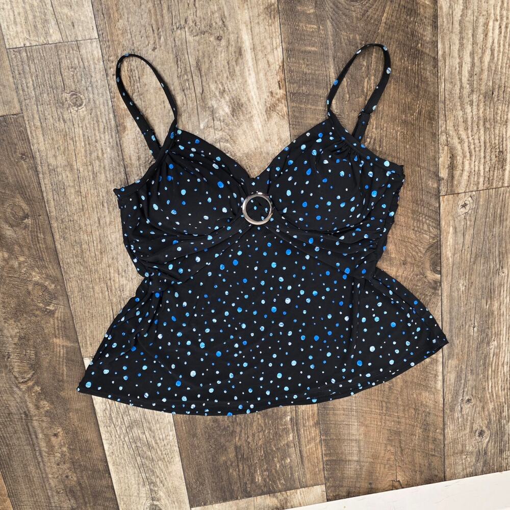 Polka Dot Tankini Swim Top Ring Detail Size 12 Black Blue Trimshaper